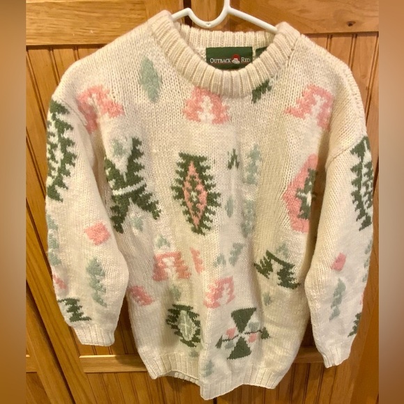 Outback Red Sweaters - Outback Red Cream and Pastel Knit Wool Vintage Sweater